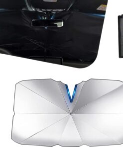 1 PC Car Front Windshield Sunshade, 31″ x 55″ Open Type Ten-Bone Recessed Umbrella Style Essential Summer Sunshade, Privacy Protection Accessory, Suitable for Most Car Models (Silver)