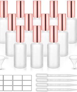 12 Pack,2 Oz Frosted Fine Mist Atomizer,Empty Glass Spray Bottles With Rose-Golden Pump Cap,Protable Travel Liquid Holder Containers for Perfume,Essential Oils-Stickers,Pipette&Funnel Included