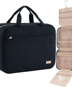 NISHEL Travel Toiletry Bag for women, Portable Hanging Organizer for Full-Sized Shampoo, Conditioner, Brushes Set, Travel-Size Accessories, Black