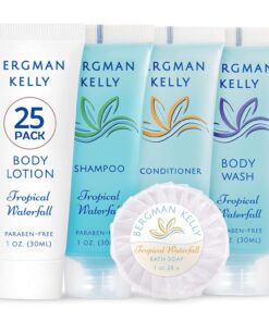 BERGMAN KELLY Hotel Toiletries Bundle (Tropical Waterfall, 1 oz each, 125 Pieces) 5-Piece Set: 25 each Round Bar Soap, Shampoo, Conditioner, Body Lotion & Body Wash – Bulk Mini Guest Amenities