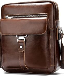 Hebetag Small Leather Sling Shoulder Bag Messenger Pack for Men Women Outdoor Travel Business