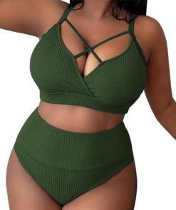 2024 Women’s Sexy Plus Size Solid Color Suspender High Waisted Bikini Plus Size Swimsuit plus Size Swim Dresses