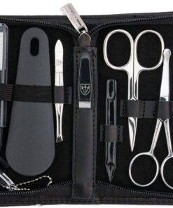 3 Swords Germany – brand quality 10 piece manicure pedicure grooming kit set for nail care tweezers file clipper, Made by 3 Swords (BLACK – GENUINE LEATHER)
