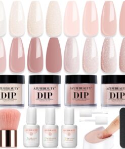 AZUREBEAUTY Dip Powder Nail Kit Starter, All Season Nude Skin Glitter 4 Colors Dipping Powder Liquid Set Recycling Tray with Base & Top Coat Activator for French Nail Art Manicure Salon DIY at Home.
