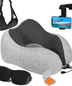 Airplane Neck Pillow includes Travel Pillow + Airplane Phone Holder Mount + Eye Masks + Foot Hammock + Earplugs for Travel, 100% Pure Memory Foam Travel Pillow, 6 Pc Travel Kit