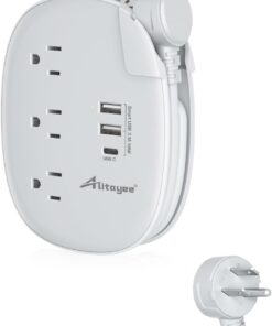 Alitayee USB C Portable Travel Power Strip with 3 Outlets 3 USB Ports Fast Charge, USB Extension Cord with Flat Plug and 3ft Wrapped Around Extension Cord for Cruise Travel Home Office
