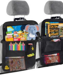 Backseat Car Organizer with Tray – Tablet Holder, 9 Storage Pockets, Kick Mats, Foldable Design – 600D Oxford Fabric, Ideal for Kids, Travel, Trips (2 Pack)