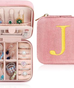 Bridesmaid Proposal Gifts Wedding Day – Small Jewelry Box Travel Jewelry Case Organizer for Women Matron Maid Of Honor Bachelorette Party favors Bride Gift Flower Girl Gifts – Letter J, Pink
