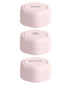 Cadence Travel Containers – Skincare Set – Magnetic Travel Capsules – for Facial Cleanser, Moisturizer, Sunscreen – 3 Small Capsules (0.56oz) with Cleanser, Moisturizer & Sun-Icon Labels – Petal