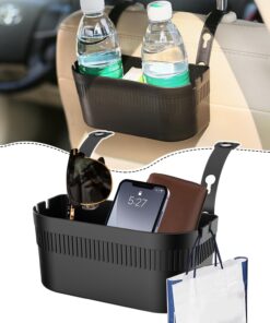 Car Headrest Cup Holder for Back Seat,Seat Back Hanging Storage Box with Hooks,Multipurpose Car Cup Holder Drink Pocket Food Tray,Car Travel Accessories (Black)
