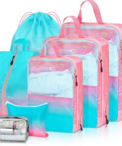 Compression Packing Cubes 7 Set Packing Cubes for Suitcases Travel Luggage Organizers Bags for Travel Accessories Travel Essentials, Pink+Blue