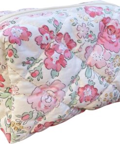 Cotton Quilted Makeup Bag Coquette Accessories Make up Bag Organizer Cute Floral Cosmetic Pouch Travel Makeup Bag for Women (Rosebud)