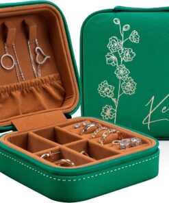 Custom Leather Jewelry Box w/Name & Birth Flower Month – Birthday Gifts for Women, Personalized Jewelry Travel Case – Customized Jewelry Organizer Box, Mom Birthday Gifts – Emerald