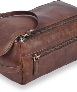 ESTALON Travel Toiletry Bag for Men & Women – Genuine Leather Hanging Toiletry Bag For Travelling – Leather Dopp Bag Kit Pouch (Brown)