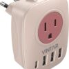 European Travel Plug Adapter,VINTAR International Power Plug Adapter with 1 USB C, 3 USB A Ports and 2 US Outlets,6 in 1 Type C Charger Travel Essentials to Most of Europe Greece, Italy(Pink)