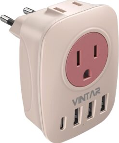 European Travel Plug Adapter,VINTAR International Power Plug Adapter with 1 USB C, 3 USB A Ports and 2 US Outlets,6 in 1 Type C Charger Travel Essentials to Most of Europe Greece, Italy(Pink)