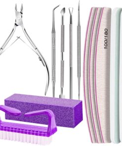 FANDAMEI Manicure and Pedicure Tools Kit, Nail Files 100/180, Nail Buffer Block, Nail Cuticle Nippers, Cuticle Pusher, Cuticle Peeler, Nail Lifter for Ingrown Toenails, Toenail File, Purple