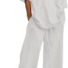 Feancey Summer 2 Piece Outfits for Women Loose Fit Short Sleeve Tops Casual Wide Leg Pants Lounge Sets Plus Size Linen Sets