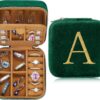 Gift for Women – Plush Velvet Travel Jewelry Case Organizer Small Jewelry Box Custom Personalized Birthday Gift Women Her, Travel Essentials, Mothers Day Gift, Graduation Gift – Letter A, Green