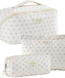 HBselect 3 PCS Quilted Makeup Bag Cosmetic Bag for Women, Cotton Large Travel Makeup Bag Organizer, Roomy Cosmetic Bag for Women and Girls, Cute Floral Toiletry Bag for Women Girls