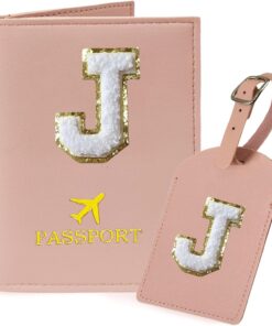 Initial Passport Cover Holder and Luggage Tag Set with Chenille Letter Patch ABC for Women Teenage Girls, Travel Essentials Must Have Stuff Bag Suitcase Identifier Pink J