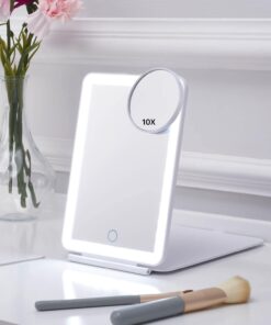 LED Foldable Travel Makeup Mirror – 5×7 inches 3 Colors Light Modes USB Rechargeable Touch Screen, Portable Tabletop Cosmetic Mirror for Travel, Cosmetic, Office (White)