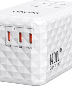 LENCENT 140W International Travel Adapter, GaN Universal Travel Adapter with 1 USB-A & 3 Type C Power Adapter, Fast Charger for Phone,Laptops, Worldwide Plug Adapter for USA/UK/EU/AUS, White