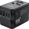 LENCENT International Travel Adapter, 65W GaN3 Universal Fast Charger with 2 USB A + 3 Type C PD, Worldwide Power Adaptor for Phones,Laptops, All in One Travel Essentials for EU/USA/UK/AU, Black