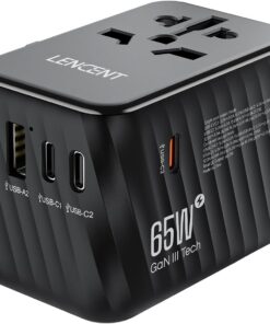 LENCENT International Travel Adapter, 65W GaN3 Universal Fast Charger with 2 USB A + 3 Type C PD, Worldwide Power Adaptor for Phones,Laptops, All in One Travel Essentials for EU/USA/UK/AU, Black