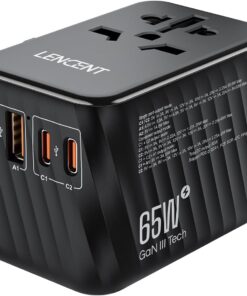 LENCENT Universal Travel Adapter, 65W GaN International Fast Charger with 2 PD3.0 Type C+2 QC USB A, Worldwide Power Adaptor for Phones,Laptops, All in One Travel Essentials for EU/USA/UK/AU, Black