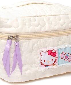 Large Cotton Makeup Bag Travel Cosmetic Bag Quilted Cosmetic Pouch Coquette Aesthetic Floral Toiletry Bag Small Cute Travel Cosmetic Bags for Women (Cat White)