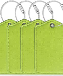 Luggage Tags for Suitcases-Leather Luggage Tag 4 Pack with Loops Cute Bag/Backpack/Suitcase Tags Travel essentials for flying (Limegreen)