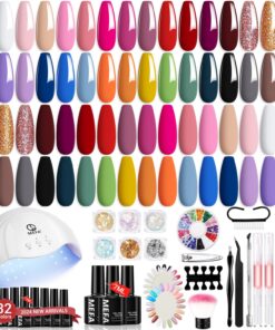 MEFA 56 Pcs Gel Nail Polish Kit with U V Light, 32 Colors All Seasons Soak Off Gel Polish Nail Set with Matte/Glossy Base Top Coat Essential Manicure Tools Nails Art DIY Gifts