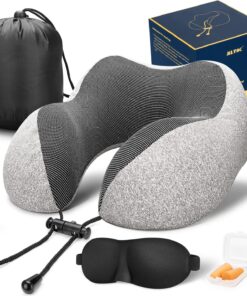 MLVOC Travel Pillow 100% Pure Memory Foam Neck Pillow, Comfortable & Breathable Cover – Machine Washable, Airplane Travel Kit with 3D Sleep Mask, Earplugs, and Luxury Bag, Grey