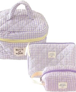 Makeup Bag Quilted Makeup Bag Large Floral Cosmetic Bag for Women,Cotton Makeup Bag Set,Flower Travel Toiletry Bag Aesthetic Preppy Makeup Bag for Women Girls(Purple Checkered)