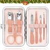 Manicure Pedicure Set Stainless Steel Nail Clippers Personal Nail Clipping Tools Portable Travel Grooming Kit with Snap-shut Case, Rose Gold