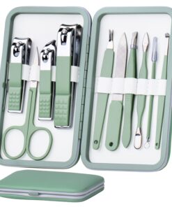 Manicure Set 10 in 1 Stainless Steel, Nail Clippers Scissors Pedicure Tools Kit – Portable Travel Grooming Kit for Men and Women with Leather Case (Jade Green)