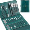 Manicure Set Nail Clippers Pedicure Kit, Professional 16 pcs Stainless Steel Grooming Kit Nail Care Tools with Luxurious Buckle Travel Leather Case for Thick Nails Men Women Gift (Dark Green)