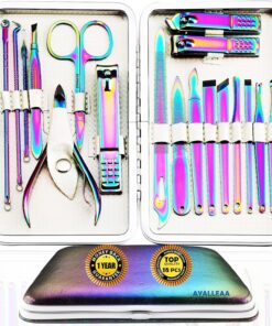 Manicure Set Nail Clippers Set Pedicure 18 Pieces Stainless Steel Manicure Kit Professional Grooming Care Tools Nose Hair Scissors Nail File.The Best Gift with Luxurious Case (Rainbow_18)