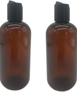 Natural Farms 8 oz Plastic Amber Boston BPA FREE Bottles – 2 Pack Empty Refillable Containers – Essential Oils – Aromatherapy – Black Smooth Disc Cap – Made in the USA