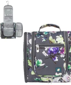 PAVILIA Toiletry Bag Travel Bag for Women Men, Hanging Cosmetic Organizer, Water Resistant Makeup Bag for Accessories Toiletries, Large Travel Essentials Kit (Floral Grey)