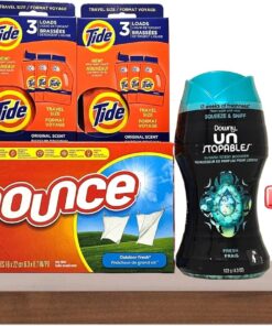 Phoenix Rose’s Ultimate Travel Laundry Bundle – Tide Detergent, Bounce Dryer Sheets, Downy Wrinkle Releaser, Unstopables Scent Booster – TSA Compliant – Includes Bonus Phoenix Rose Fridge Sticker