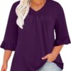 Plus Size Tops for Women Ruffle 3/4 Sleeve V-Neck Ruched T Shirts 2024 Summer Clothes Solid Loose Fit Tunic Tops