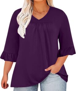 Plus Size Tops for Women Ruffle 3/4 Sleeve V-Neck Ruched T Shirts 2024 Summer Clothes Solid Loose Fit Tunic Tops
