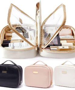 Portable Large Capacity Cosmetic Bag, Skincare Products, Makeup Brush Storage Bag, Double Layer Makeup Bag (White)