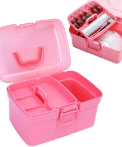 Portable Nail Polish Carrying Box with Removable Tray, Nail Dryer Plastic Storage Organizer Case,Travel Box Holder for Art Craft and Cosmetic,Nail Lamp,Nail Drill,Essential Oil,Pink