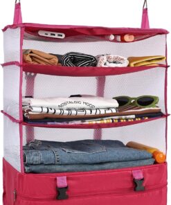 Surblue Hanging 3-Shelf Closet Organizer Pocket Collapsible Washable Oxford Fabric with 2 Hooks (XL 17.71 * 11.81 * 20in, Rose)