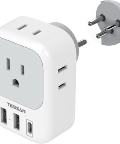 TESSAN Israel Power Adapter, US to Israel Plug Adapter with 4 American Outlets 3 USB Charger (1 USB C Port), Type H Travel Adaptor for USA to Israel Palestine Jerusalem