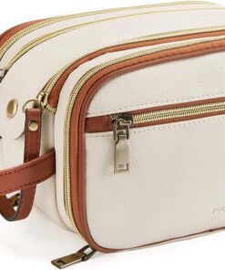 Telena Toiletry Bag Travel Toiletry Cosmetic Makeup Organizer for Women Water Resistant PU Leather Dopp Kit Bathroom Bag for Traveling Beige with Brown