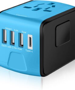 Travel Adapter Worldwide, Universal International Power Plug Adapter W/2.4A 3xUSB-A and 3.0A Type-C Wall Charger, European Travel Plug Adapter for Europe UK EU US CA AU Italy Asia-Blue